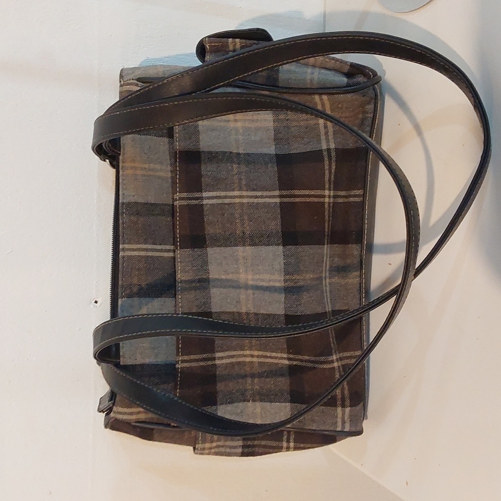 Frank & Johnnie Gray/Brown Plaid Soft Fabric Shoulder Bag Neutral Minimalist Med
